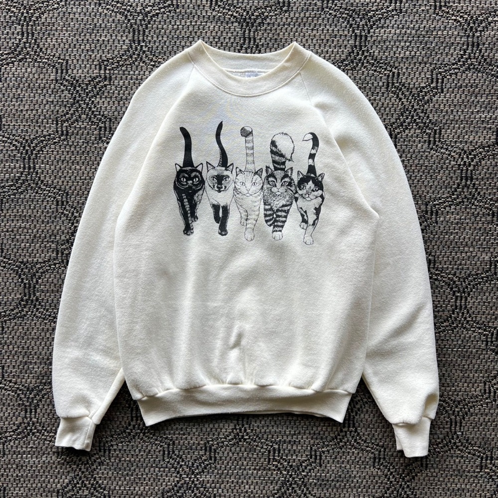 Vintage Cat Sweatshirt Womens Large Cream Raglan Nature Art Animal